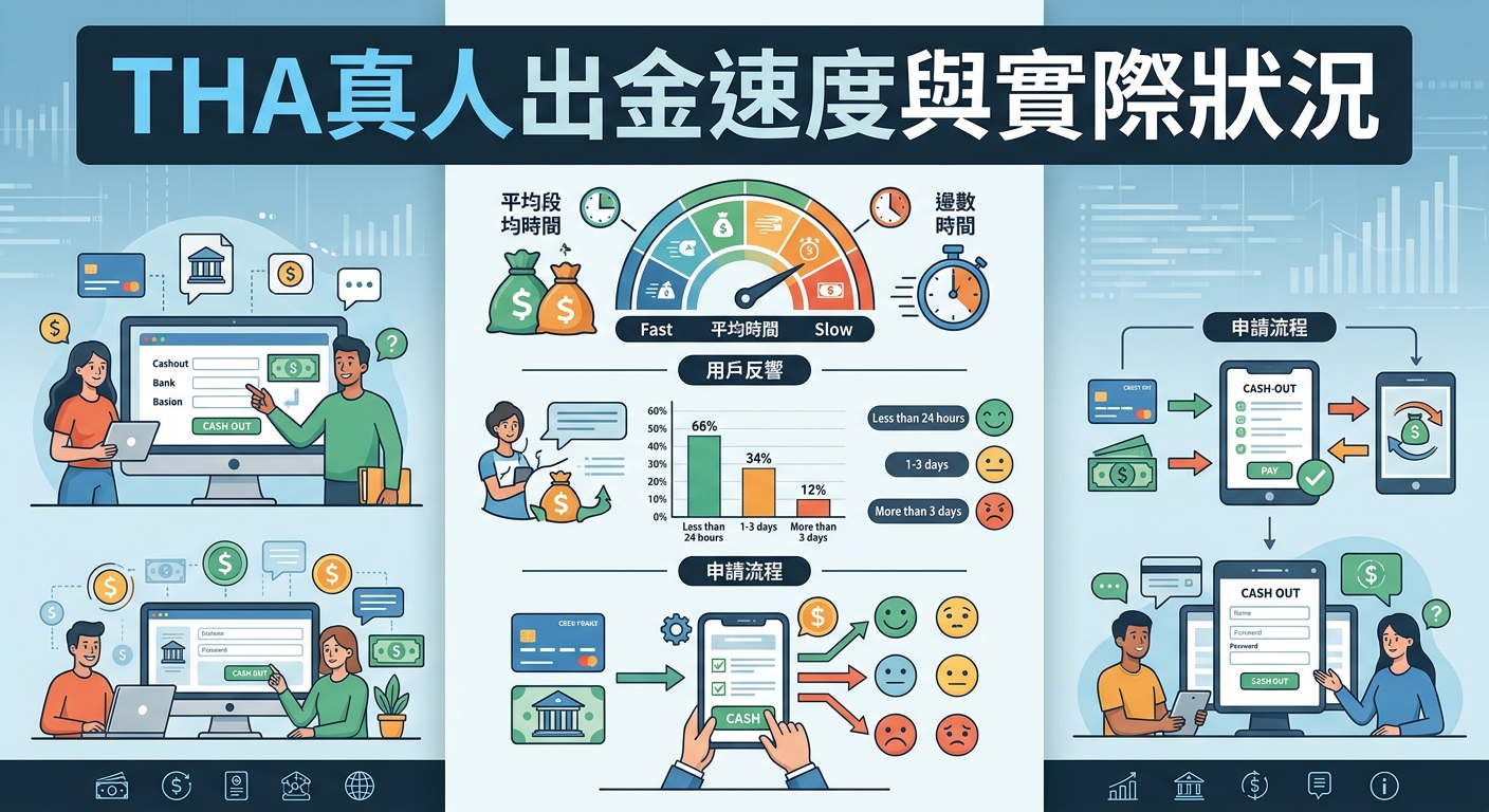 這張圖片是一個有關「THA真人出金速度與實際狀況」的資訊圖表,包含各種數據圖表、計時器與流程示意圖。 畫面中展現了用戶申請提領資金的過程、處理時間統計以及使用者對出金速度的反饋評價。