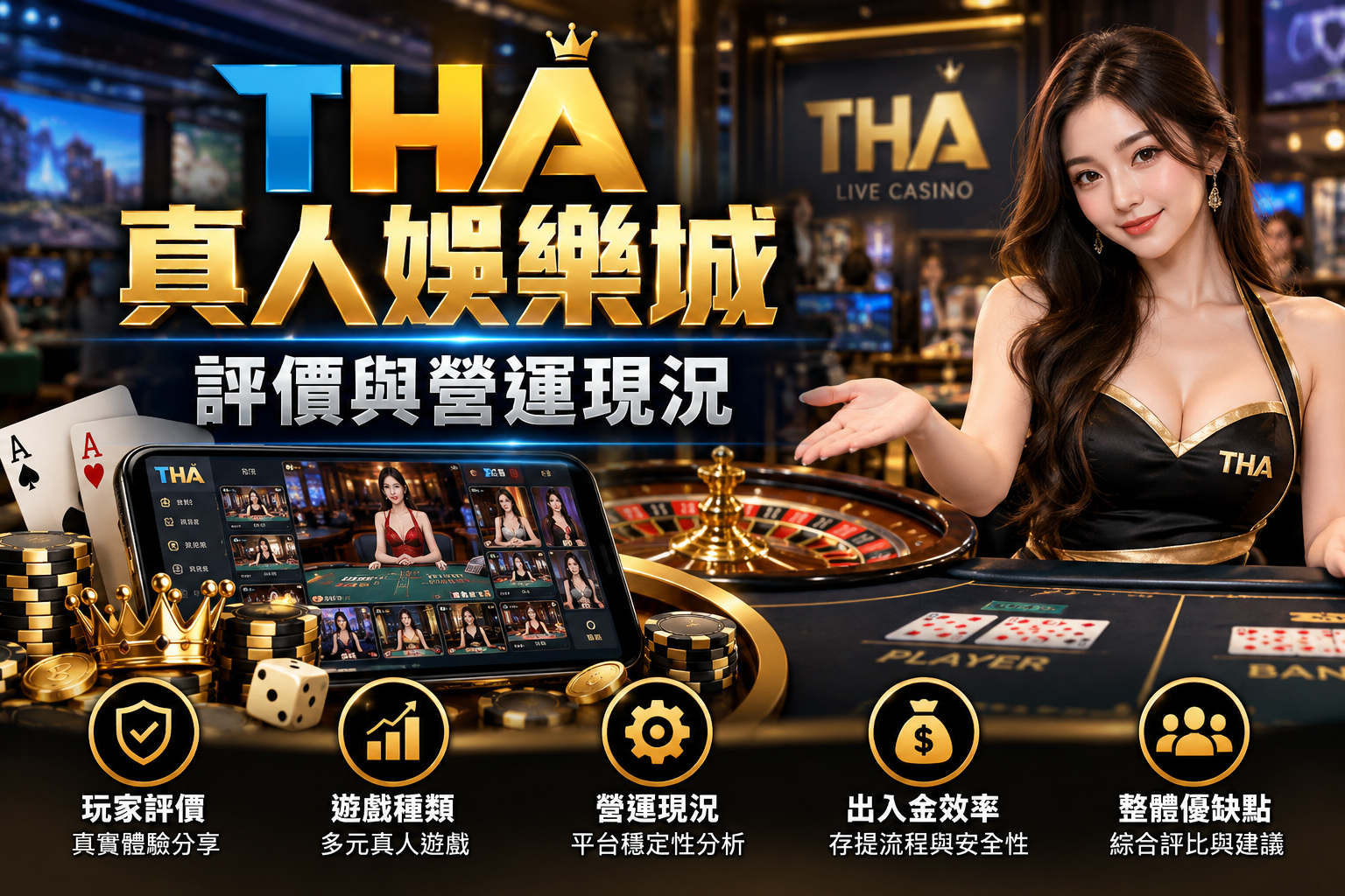 圖片以黑金奢華風格呈現 THA 真人娛樂城,結合真人荷官、百家樂遊戲畫面與輪盤元素,展現線上娛樂平台的視覺特色。 透過玩家評價、遊戲種類、營運現況及出入金效率等重點,呈現 THA 真人娛樂城的綜合評估方向。