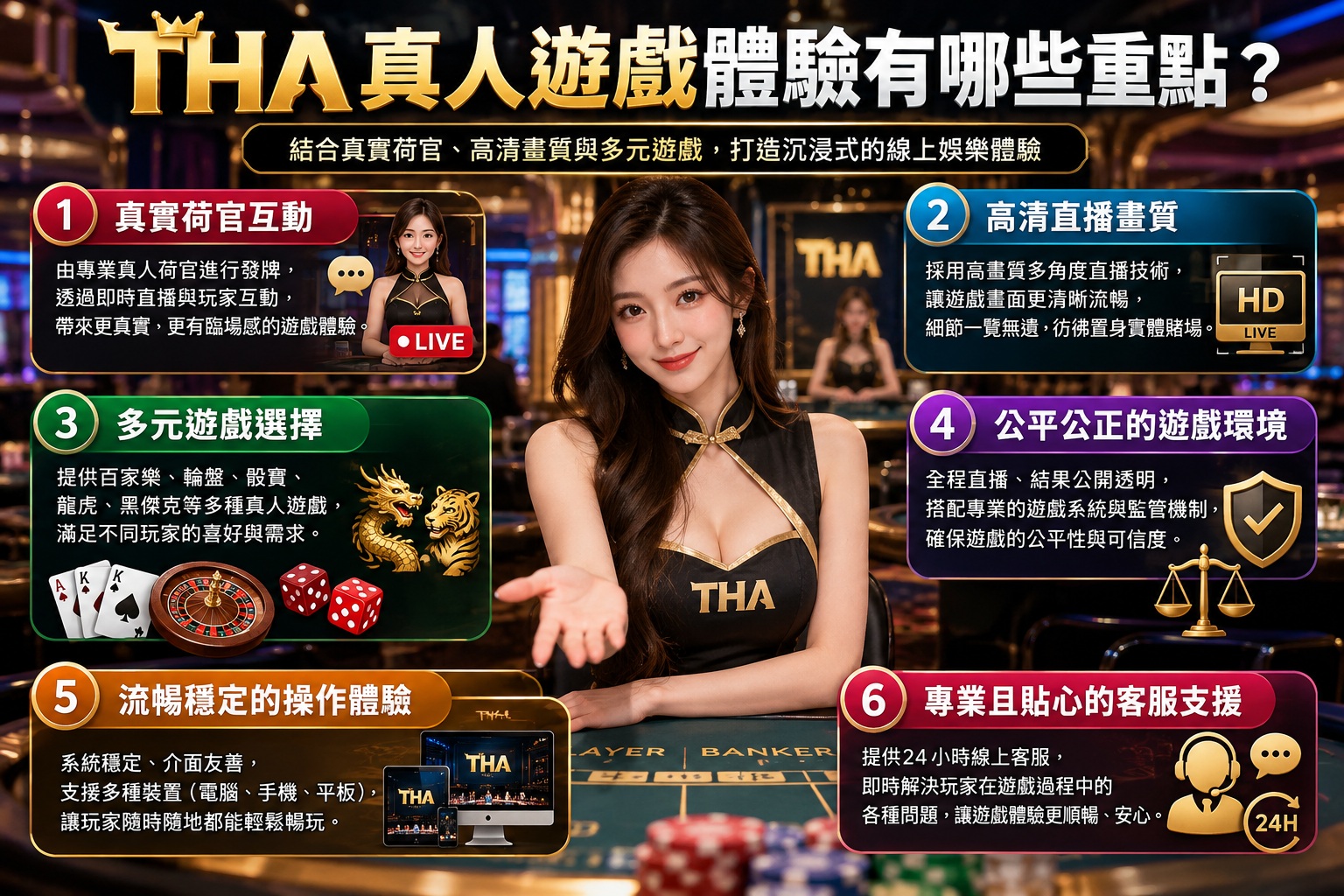圖片以華麗金色與深色賭場場景為背景,呈現THA真人娛樂城的荷官互動、高清直播畫質及多元遊戲選擇。 透過六大重點圖文介紹遊戲公平性、操作流暢度與客服支援,展現真人娛樂遊戲的主要體驗特色。